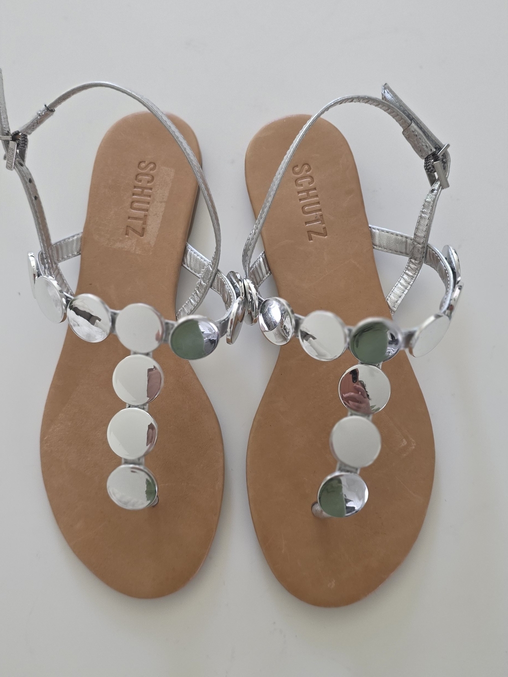 SCHUTZ Silver Mirror-Disc T-Strap Sandals